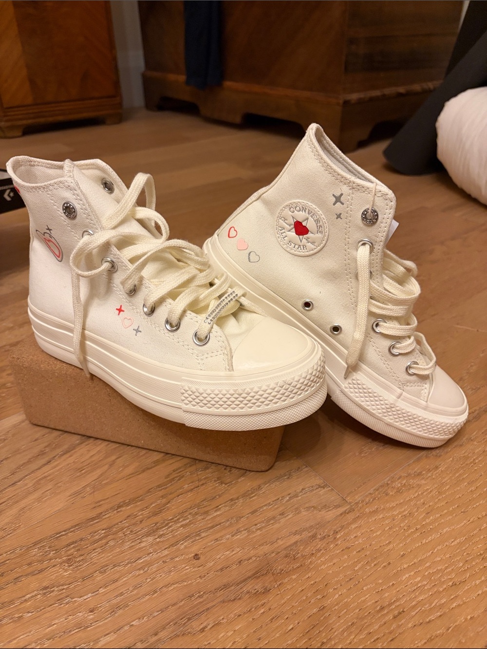 Converse White High Top Platform Sneakers with Red and Pink Accents